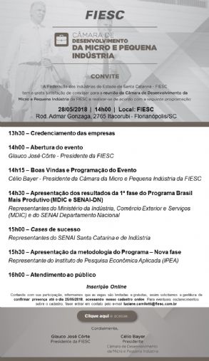 Convite: Reunião da Câmara da Micro e Pequena Indústria e SENAI - Programa Brasil mais Produtivo
